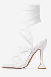 White Ribbon Tie Wrap Around Square Toe Sculptured Heel